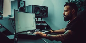 music producer sitting in front of a ultrawide computer monitor